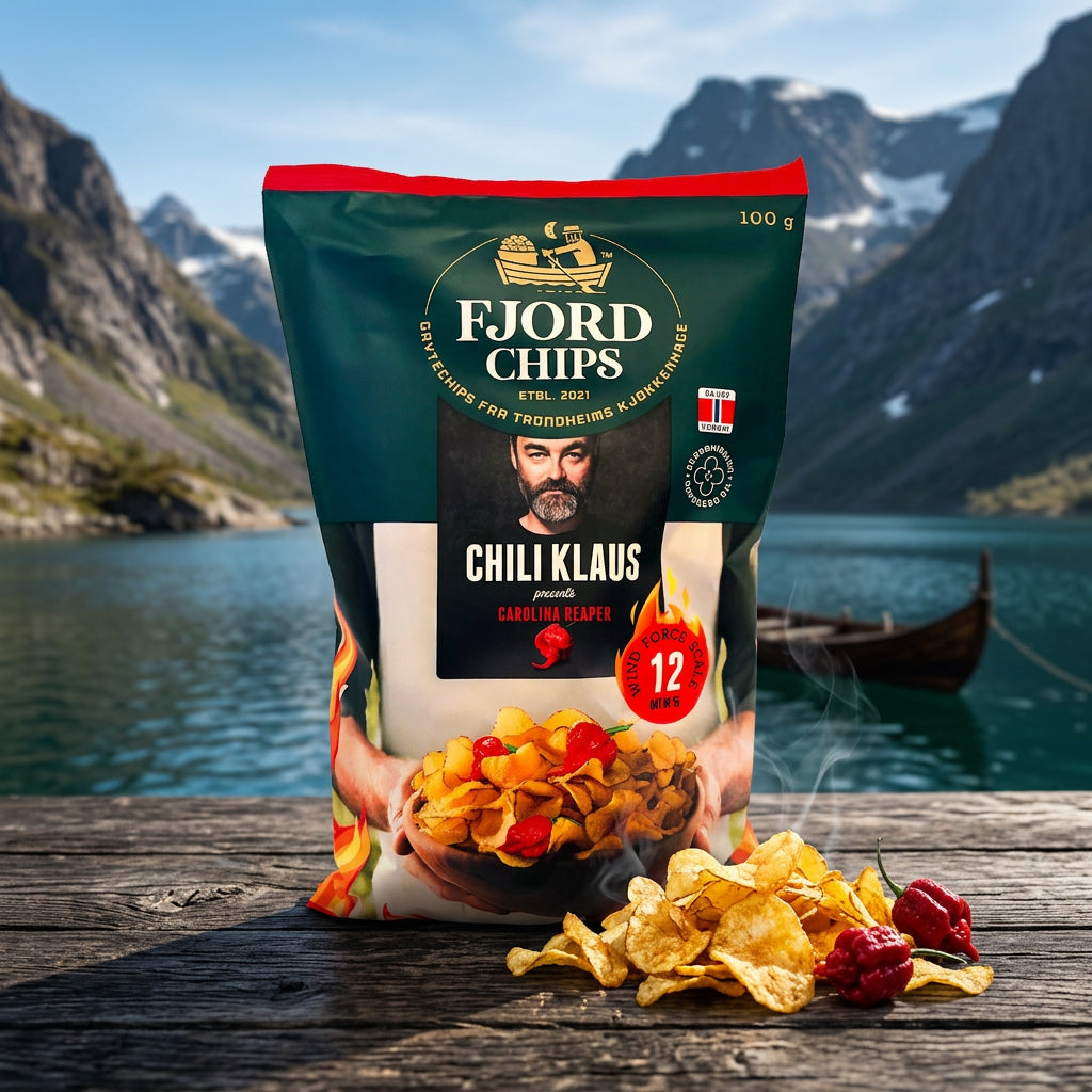 Chili Klaus x FjordChips Carolina Reaper Chips ved fjord