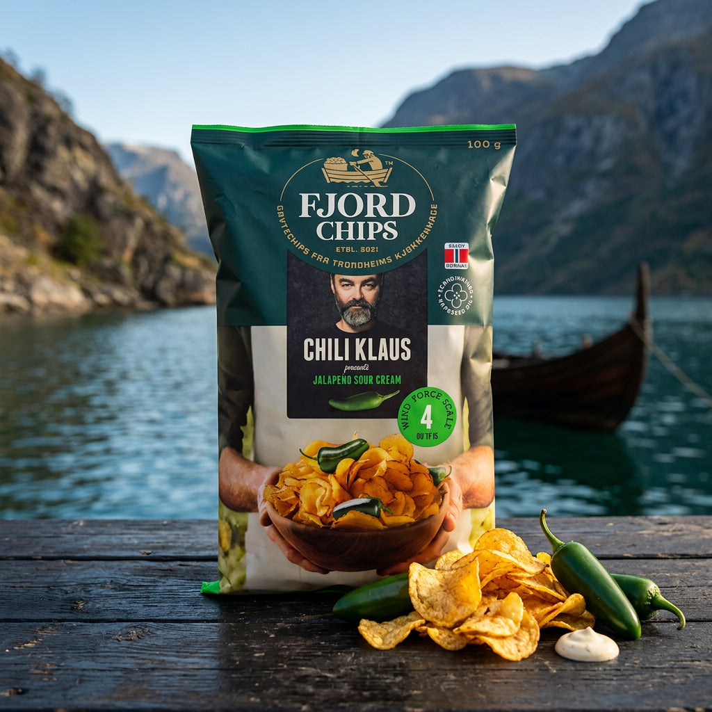 Chili Klaus x FjordChips Jalapeño Sour Cream Chips ved fjord